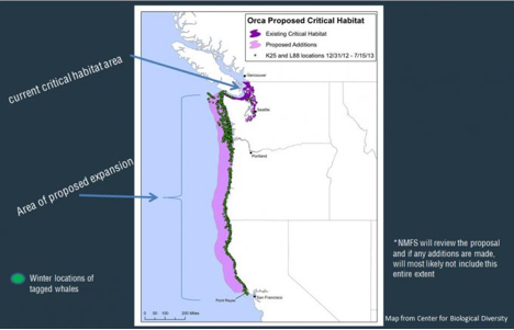 CURRENT CRITICAL HABITAT AND PROPOSED EXPANSION FOR SOUTHERN RESIDENT ORCAS MAP (CENTER FOR BIOLOGICAL DIVERSITY)