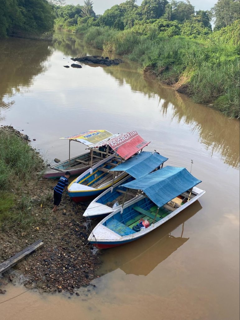 Boats at rest on island in river